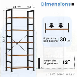 DUMOS 5 Tiers Bookshelf, Classical Modern Book Shelf, Tall Display Shelves in Living Room/Home/Office, Storage Organizer for CDs/Books/Movies, Rustic Brown