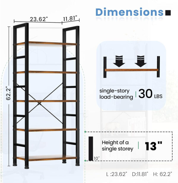 DUMOS 5 Tiers Bookshelf, Classical Modern Book Shelf, Tall Display Shelves in Living Room/Home/Office, Storage Organizer for CDs/Books/Movies, Rustic Brown