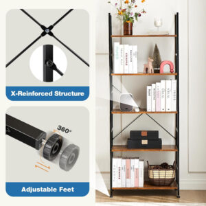 DUMOS 5 Tiers Bookshelf, Classical Modern Book Shelf, Tall Display Shelves in Living Room/Home/Office, Storage Organizer for CDs/Books/Movies, Rustic Brown