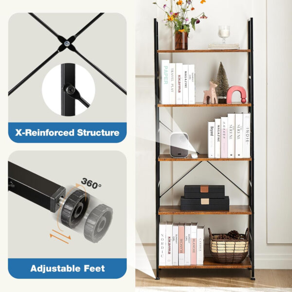 DUMOS 5 Tiers Bookshelf, Classical Modern Book Shelf, Tall Display Shelves in Living Room/Home/Office, Storage Organizer for CDs/Books/Movies, Rustic Brown