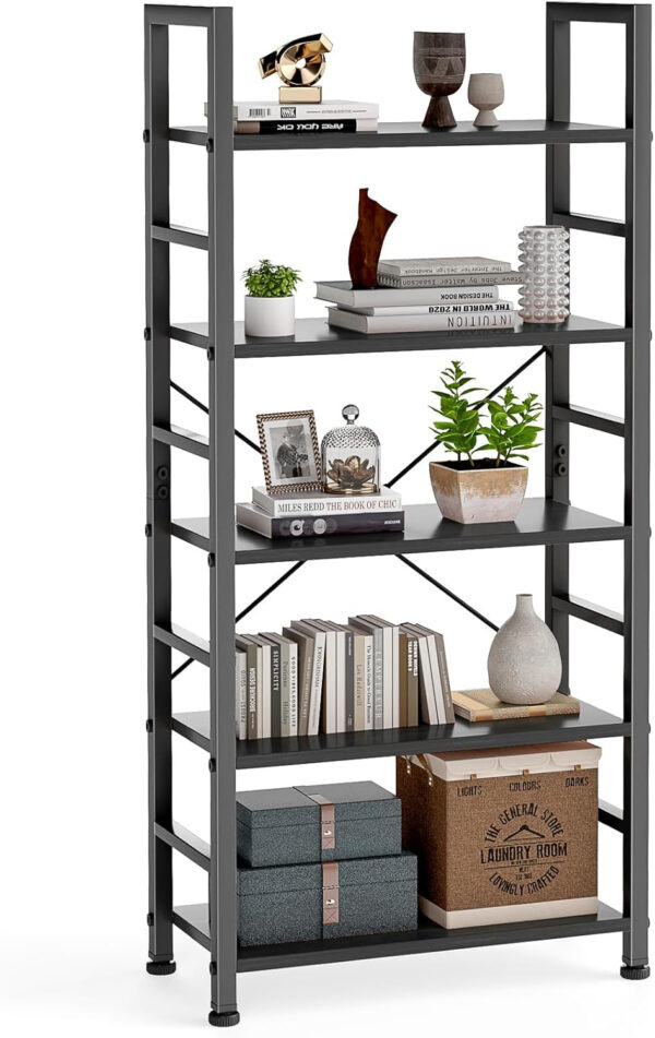 DUMOS 5 Tiers Bookshelf, Classical Modern Book Shelf, Tall Display Shelves in Living Room/Home/Office, Storage Organizer for CDs/Books/Movies, Rustic Brown