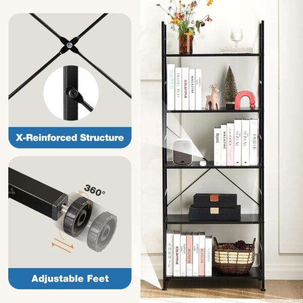 DUMOS 5 Tiers Bookshelf, Classical Modern Book Shelf, Tall Display Shelves in Living Room/Home/Office, Storage Organizer for CDs/Books/Movies, Rustic Brown