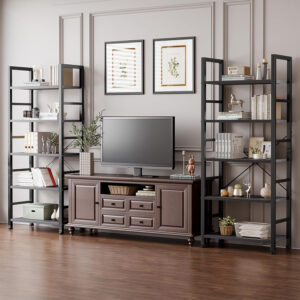 DUMOS 5 Tiers Bookshelf, Classical Modern Book Shelf, Tall Display Shelves in Living Room/Home/Office, Storage Organizer for CDs/Books/Movies, Rustic Brown