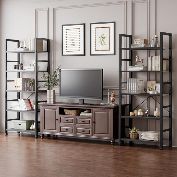 DUMOS 5 Tiers Bookshelf, Classical Modern Book Shelf, Tall Display Shelves in Living Room/Home/Office, Storage Organizer for CDs/Books/Movies, Rustic Brown