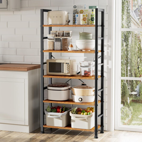 DUMOS 5 Tiers Bookshelf, Classical Modern Book Shelf, Tall Display Shelves in Living Room/Home/Office, Storage Organizer for CDs/Books/Movies, Rustic Brown