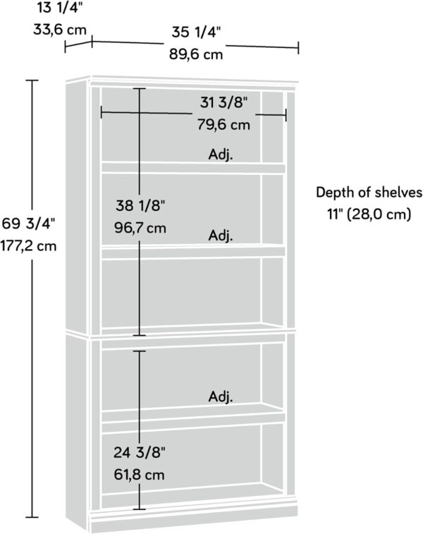 Sauder Miscellaneous Storage 5 Split Bookcase/Book Shelf, L: 35.28" x W: 13.23" x H: 69.76", Oiled Oak finish