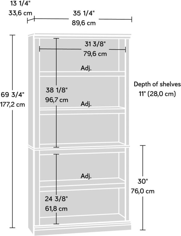 Sauder Miscellaneous Storage 5 Split Bookcase/Book Shelf, L: 35.28" x W: 13.23" x H: 69.76", Oiled Oak finish