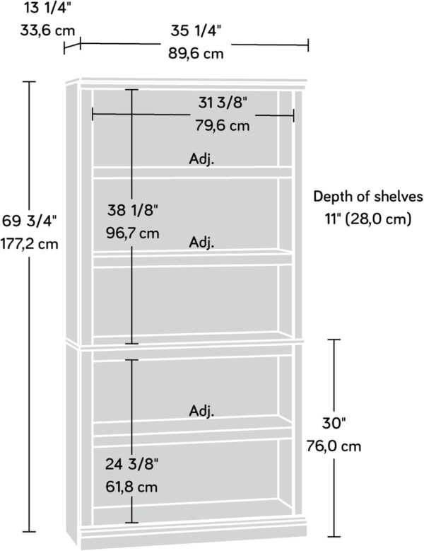 Sauder Miscellaneous Storage 5 Split Bookcase/Book Shelf, L: 35.28" x W: 13.23" x H: 69.76", Oiled Oak finish