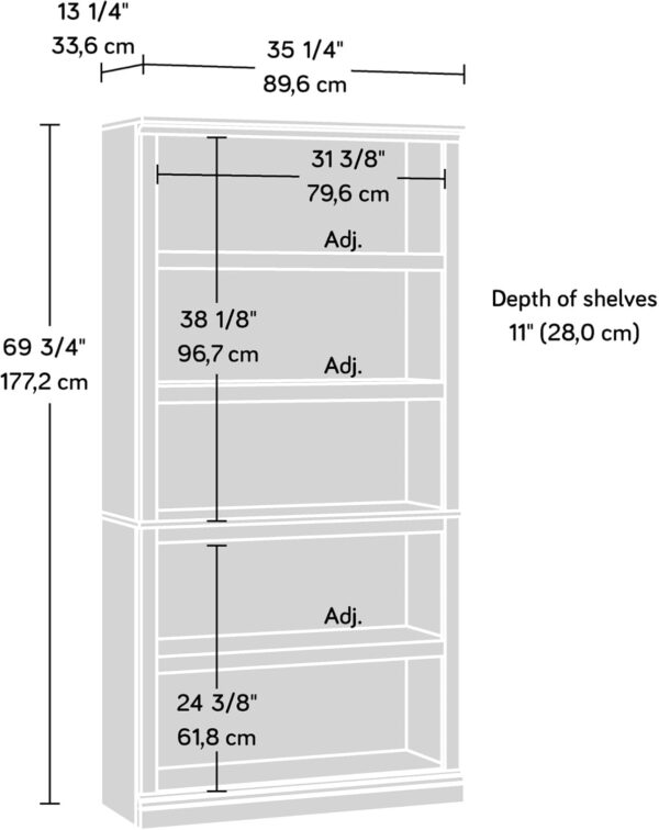 Sauder Miscellaneous Storage 5 Split Bookcase/Book Shelf, L: 35.28" x W: 13.23" x H: 69.76", Oiled Oak finish