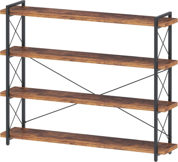 HCHQHS Bookshelf, 3-Tier Industrial Bookcase, Rustic Open Book Shelf, Wood and Metal Horizontal Bookshelves