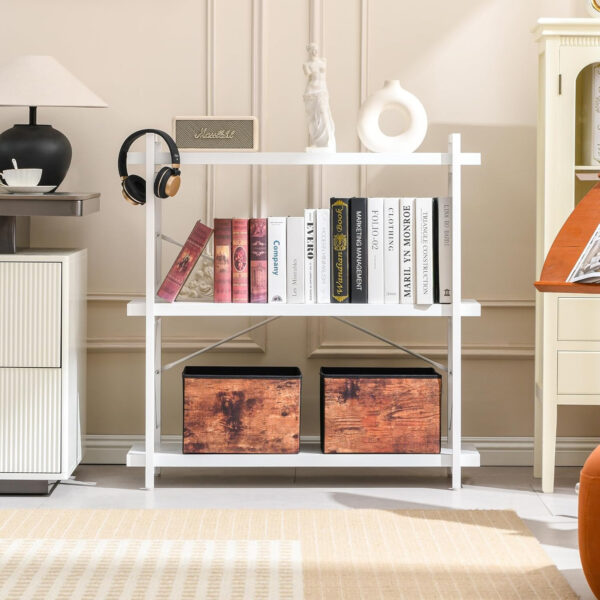 HCHQHS Bookshelf, 3-Tier Industrial Bookcase, Rustic Open Book Shelf, Wood and Metal Horizontal Bookshelves