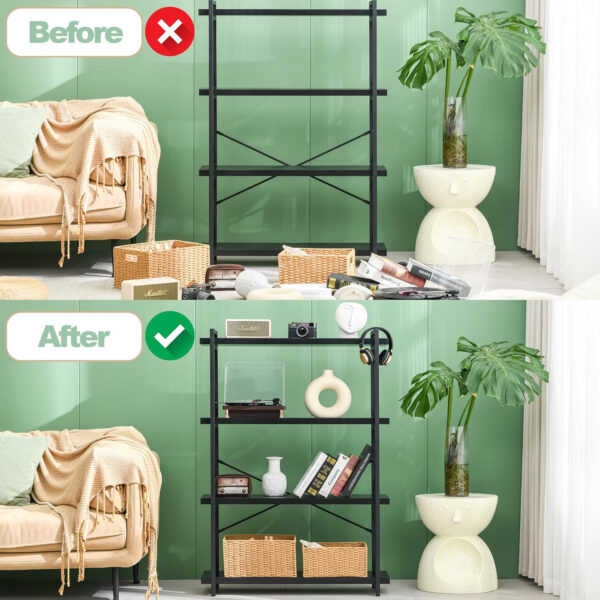 HCHQHS Bookshelf, 3-Tier Industrial Bookcase, Rustic Open Book Shelf, Wood and Metal Horizontal Bookshelves