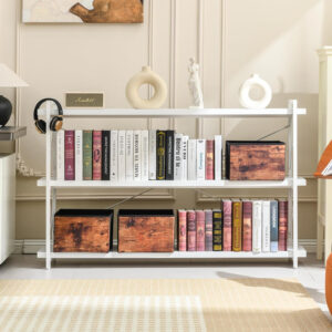 HCHQHS Bookshelf, 3-Tier Industrial Bookcase, Rustic Open Book Shelf, Wood and Metal Horizontal Bookshelves