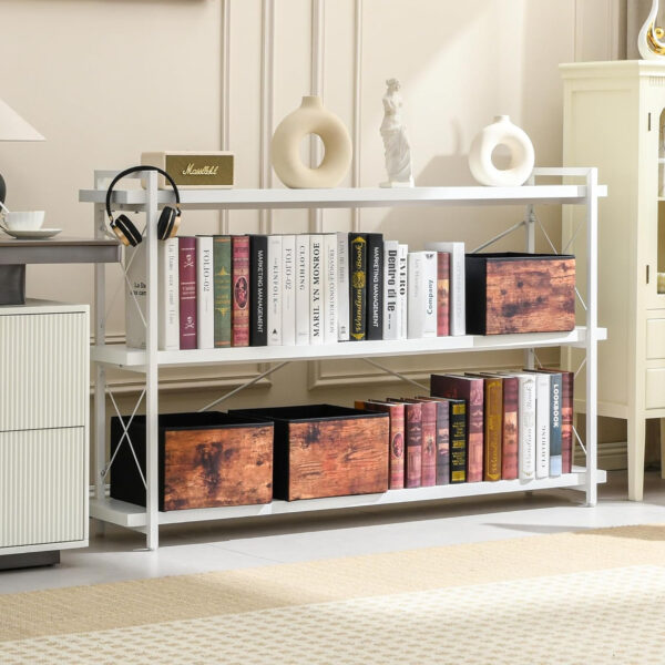HCHQHS Bookshelf, 3-Tier Industrial Bookcase, Rustic Open Book Shelf, Wood and Metal Horizontal Bookshelves