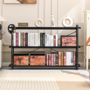 HCHQHS Bookshelf, 3-Tier Industrial Bookcase, Rustic Open Book Shelf, Wood and Metal Horizontal Bookshelves