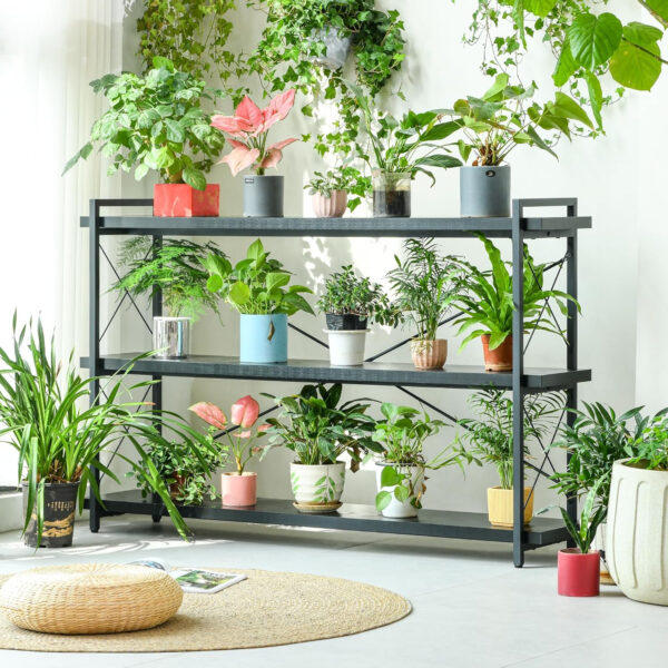 HCHQHS Bookshelf, 3-Tier Industrial Bookcase, Rustic Open Book Shelf, Wood and Metal Horizontal Bookshelves