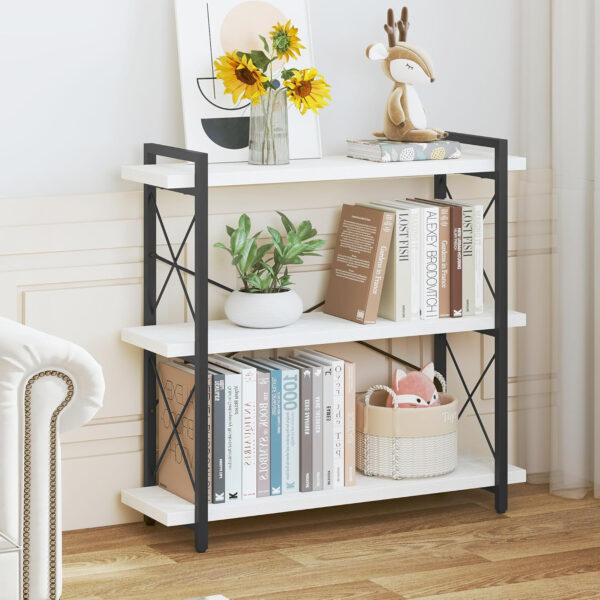 HCHQHS Bookshelf, 3-Tier Industrial Bookcase, Rustic Open Book Shelf, Wood and Metal Horizontal Bookshelves