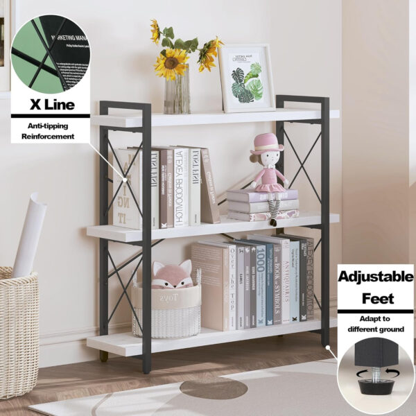 HCHQHS Bookshelf, 3-Tier Industrial Bookcase, Rustic Open Book Shelf, Wood and Metal Horizontal Bookshelves