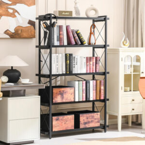 HCHQHS Bookshelf, 3-Tier Industrial Bookcase, Rustic Open Book Shelf, Wood and Metal Horizontal Bookshelves