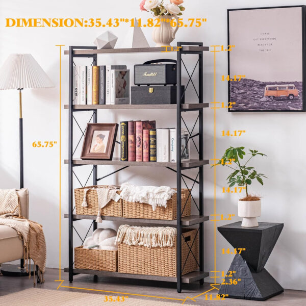 HCHQHS Bookshelf, 3-Tier Industrial Bookcase, Rustic Open Book Shelf, Wood and Metal Horizontal Bookshelves