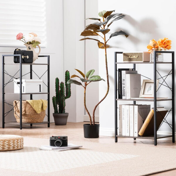 HCHQHS Bookshelf, 3-Tier Industrial Bookcase, Rustic Open Book Shelf, Wood and Metal Horizontal Bookshelves