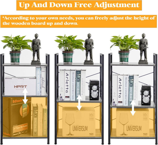 HCHQHS Bookshelf, 3-Tier Industrial Bookcase, Rustic Open Book Shelf, Wood and Metal Horizontal Bookshelves