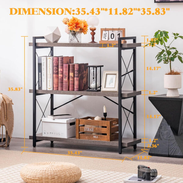 HCHQHS Bookshelf, 3-Tier Industrial Bookcase, Rustic Open Book Shelf, Wood and Metal Horizontal Bookshelves