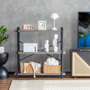 HCHQHS Bookshelf, 3-Tier Industrial Bookcase, Rustic Open Book Shelf, Wood and Metal Horizontal Bookshelves