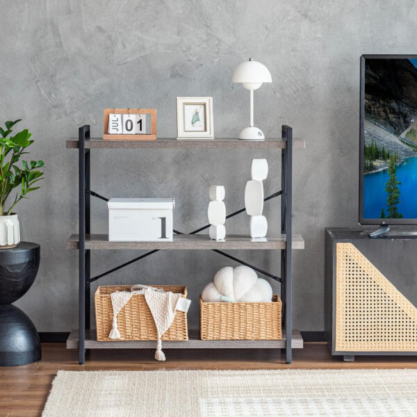 HCHQHS Bookshelf, 3-Tier Industrial Bookcase, Rustic Open Book Shelf, Wood and Metal Horizontal Bookshelves