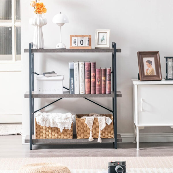 HCHQHS Bookshelf, 3-Tier Industrial Bookcase, Rustic Open Book Shelf, Wood and Metal Horizontal Bookshelves