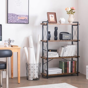HCHQHS Bookshelf, 3-Tier Industrial Bookcase, Rustic Open Book Shelf, Wood and Metal Horizontal Bookshelves