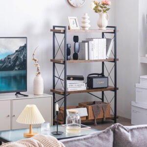 HCHQHS Bookshelf, 3-Tier Industrial Bookcase, Rustic Open Book Shelf, Wood and Metal Horizontal Bookshelves