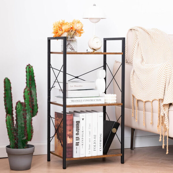 HCHQHS Bookshelf, 3-Tier Industrial Bookcase, Rustic Open Book Shelf, Wood and Metal Horizontal Bookshelves