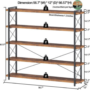 HCHQHS Bookshelf, 3-Tier Industrial Bookcase, Rustic Open Book Shelf, Wood and Metal Horizontal Bookshelves