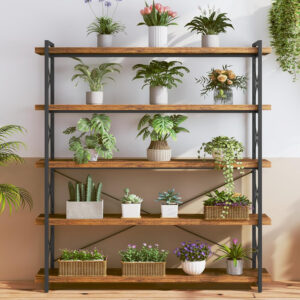 HCHQHS Bookshelf, 3-Tier Industrial Bookcase, Rustic Open Book Shelf, Wood and Metal Horizontal Bookshelves