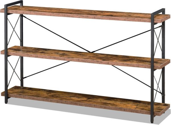 HCHQHS Bookshelf, 3-Tier Industrial Bookcase, Rustic Open Book Shelf, Wood and Metal Horizontal Bookshelves