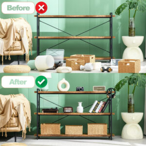 HCHQHS Bookshelf, 3-Tier Industrial Bookcase, Rustic Open Book Shelf, Wood and Metal Horizontal Bookshelves