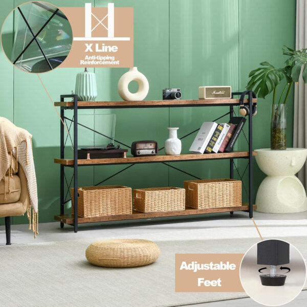 HCHQHS Bookshelf, 3-Tier Industrial Bookcase, Rustic Open Book Shelf, Wood and Metal Horizontal Bookshelves