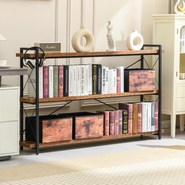 HCHQHS Bookshelf, 3-Tier Industrial Bookcase, Rustic Open Book Shelf, Wood and Metal Horizontal Bookshelves