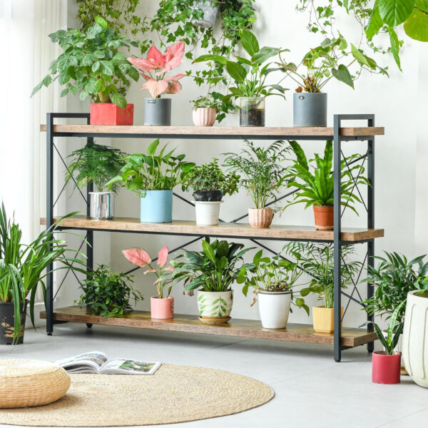 HCHQHS Bookshelf, 3-Tier Industrial Bookcase, Rustic Open Book Shelf, Wood and Metal Horizontal Bookshelves