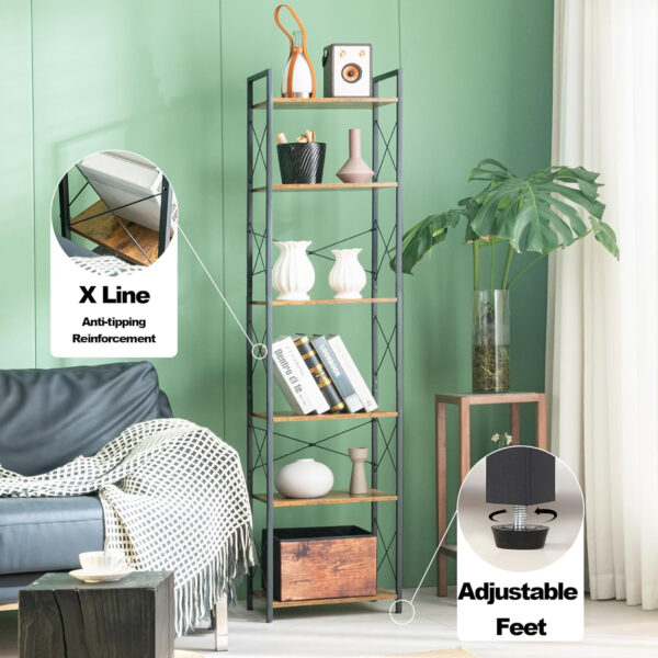 HCHQHS Bookshelf, 3-Tier Industrial Bookcase, Rustic Open Book Shelf, Wood and Metal Horizontal Bookshelves