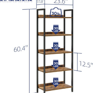 NUMENN Bookshelf, 5 Tier Bookshelves, Home Office Bookcase Shelf Storage Organizer, Free Standing Storage Shelving Unit for Bedroom, Living Room and Home Office, Vintage