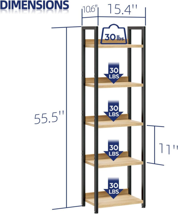 NUMENN Bookshelf, 5 Tier Bookshelves, Home Office Bookcase Shelf Storage Organizer, Free Standing Storage Shelving Unit for Bedroom, Living Room and Home Office, Vintage