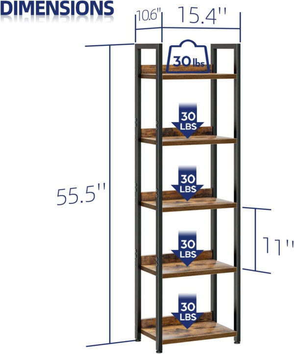 NUMENN Bookshelf, 5 Tier Bookshelves, Home Office Bookcase Shelf Storage Organizer, Free Standing Storage Shelving Unit for Bedroom, Living Room and Home Office, Vintage