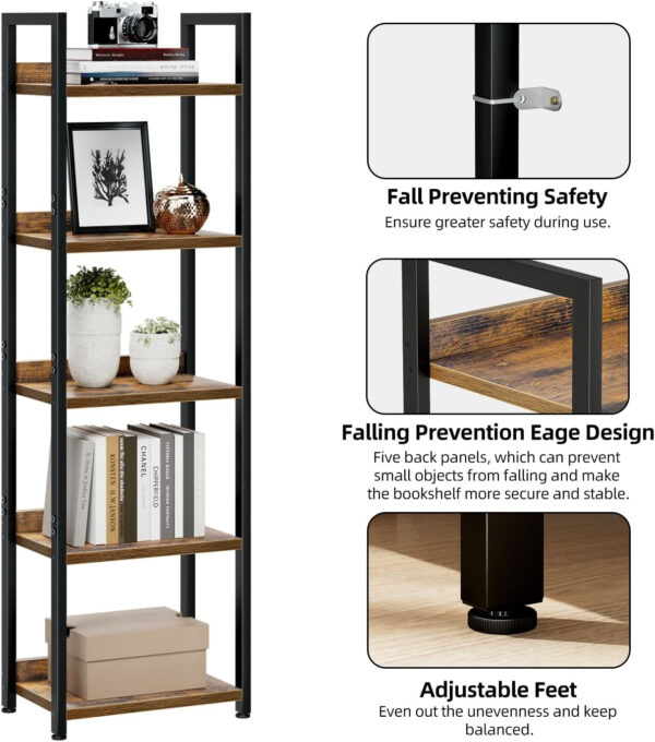NUMENN Bookshelf, 5 Tier Bookshelves, Home Office Bookcase Shelf Storage Organizer, Free Standing Storage Shelving Unit for Bedroom, Living Room and Home Office, Vintage