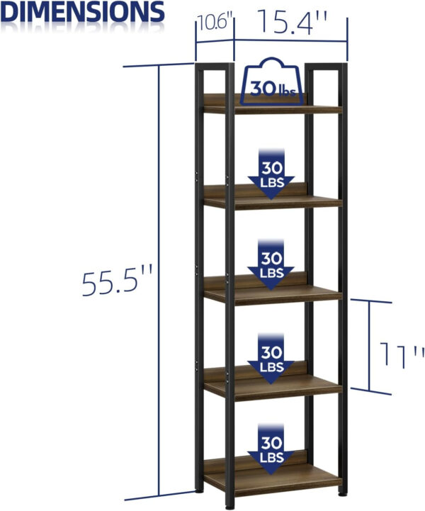 NUMENN Bookshelf, 5 Tier Bookshelves, Home Office Bookcase Shelf Storage Organizer, Free Standing Storage Shelving Unit for Bedroom, Living Room and Home Office, Vintage