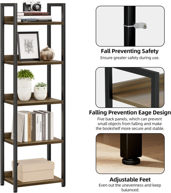 NUMENN Bookshelf, 5 Tier Bookshelves, Home Office Bookcase Shelf Storage Organizer, Free Standing Storage Shelving Unit for Bedroom, Living Room and Home Office, Vintage