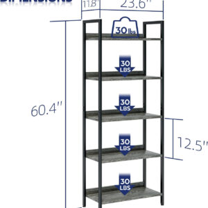 NUMENN Bookshelf, 5 Tier Bookshelves, Home Office Bookcase Shelf Storage Organizer, Free Standing Storage Shelving Unit for Bedroom, Living Room and Home Office, Vintage