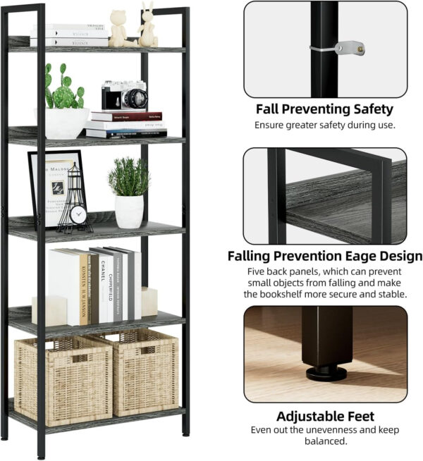 NUMENN Bookshelf, 5 Tier Bookshelves, Home Office Bookcase Shelf Storage Organizer, Free Standing Storage Shelving Unit for Bedroom, Living Room and Home Office, Vintage