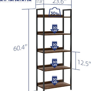 NUMENN Bookshelf, 5 Tier Bookshelves, Home Office Bookcase Shelf Storage Organizer, Free Standing Storage Shelving Unit for Bedroom, Living Room and Home Office, Vintage